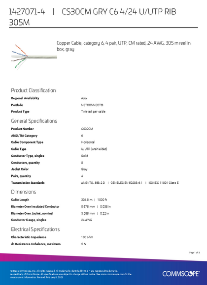 Cable UTP Commscope CAT6 305M gris 1427071-4 - PDF