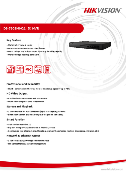 NVR Hikvision 8ch - DS-7608NI-Q1 - PDF
