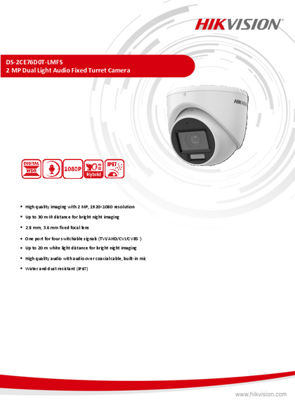 Cámara Analógica Hikvision Turret 2MP DS-2CE76D0T-LMFS - PDF