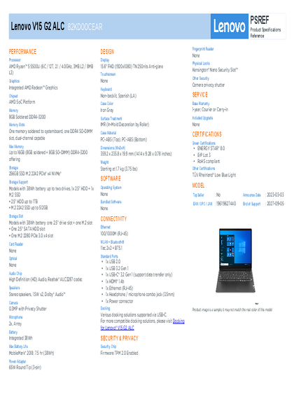 Notebook Lenovo V15 G2 RYZEN 5 8GB SSD256 15,6" 82KD00CEAR - PDF