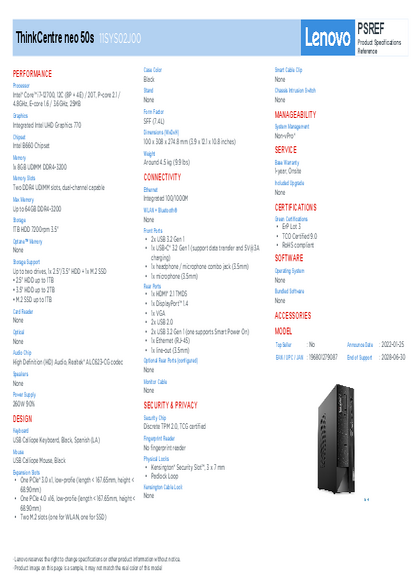 PC Lenovo Neo 50s I7 8GB 1TB HDD 11SYS02J00 - PDF