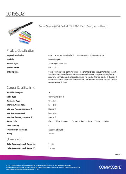 Patchcord UTP Commscope CAT5E 0.6M Negro C0155D2 - PDF