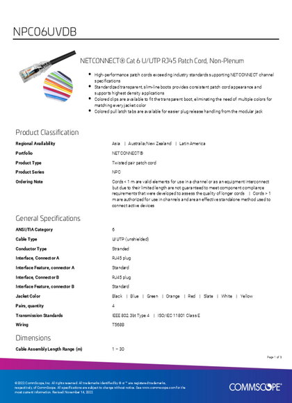 Patchcord UTP Commscope CAT6 2.4M Negro NPC06UVDB - PDF