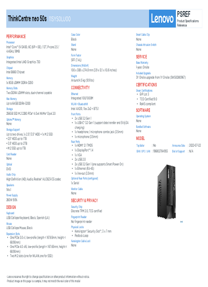 PC Lenovo Neo 50s I5 8GB 256 SSD 11SYS0LU00 - PDF