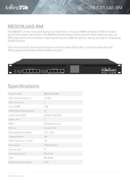 Router Mikrotik RB3011UiAS-RM - Ficha técnica