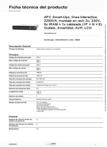 UPS APC Smart‑UPS SMT2200R2I‑AR 2200VA - PDF