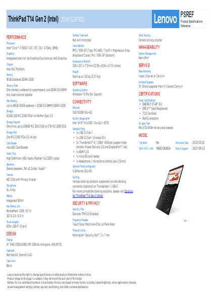 Notebook Lenovo ThinkPad T14 G2 I7‑1165G7 16GB SSD512 14" 20W1SDF100 - PDF