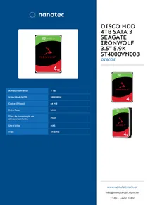 Disco HDD 4TB Sata 3 Seagate IronWolf 3.5" 5.9k ST4000VN008 - Folleto