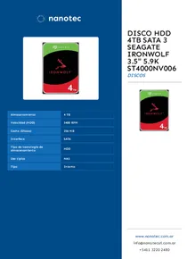 Disco HDD 4TB Sata 3 Seagate Ironwolf 3.5" 5.9K ST4000NV006 - Folleto
