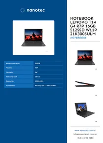 Notebook Lenovo T14 G4 R7p 16GB 512SSD W11P 21K3005ULM - Folleto