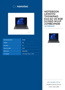 Notebook Lenovo Thinkpad E16 G2 U5 8GB 512SSD W11P 21MBS2P600 - Folleto