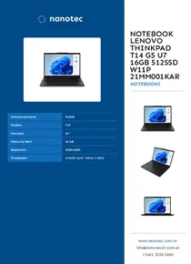 Notebook Lenovo Thinkpad T14 G5 U7 16GB 512SSD W11P 21MM001KAR - Folleto