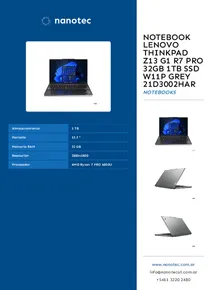 Notebook Lenovo Thinkpad Z13 G1 R7 Pro 32GB 1TB SSD W11P Grey 21D3002HAR - Folleto