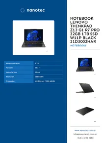 Notebook Lenovo Thinkpad Z13 G1 R7 Pro 32GB 1TB SSD W11P Black 21D3002HAR - Folleto