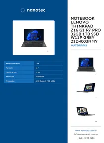 Notebook Lenovo Thinkpad Z16 G1 R7 Pro 32GB 1TB SSD W11P Grey 21D4003NMY - Folleto