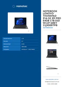 Notebook Lenovo Thinkpad Z16 G2 R9 Pro 64GB 1TB SSD W11P Grey 21JX000TPB - Folleto