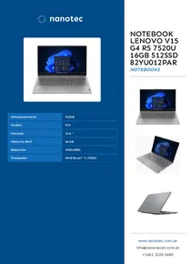 Notebook Lenovo V15 G4 R5 7520U 16GB 512SSD 82YU012PAR - Folleto