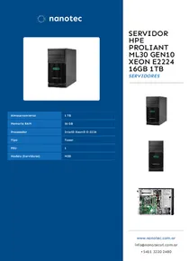 Servidor Hpe Proliant Ml30 Gen10 Xeon E2224 16gb 1tb - Folleto