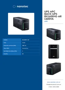 UPS APC Back‑UPS BX1600MI‑AR 1600VA - Folleto