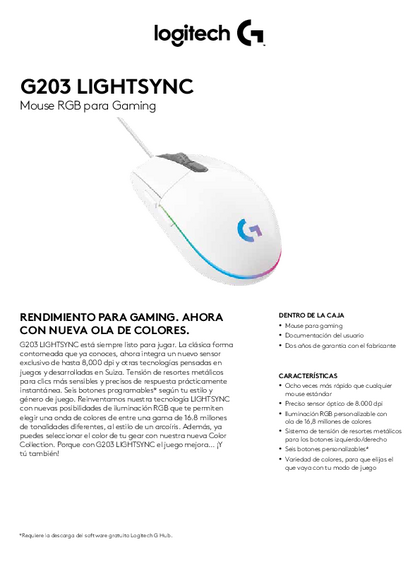 Mouse Logitech G203 Cable Ligthsync Negro - PDF