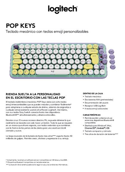 Teclado Logitech Pop Keys Wirless Bluetooth Rosa Coral - PDF