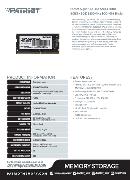 Memoria SODIMM DDR4 Patriot 8GB 3200mhz PSD48G320081S - PDF