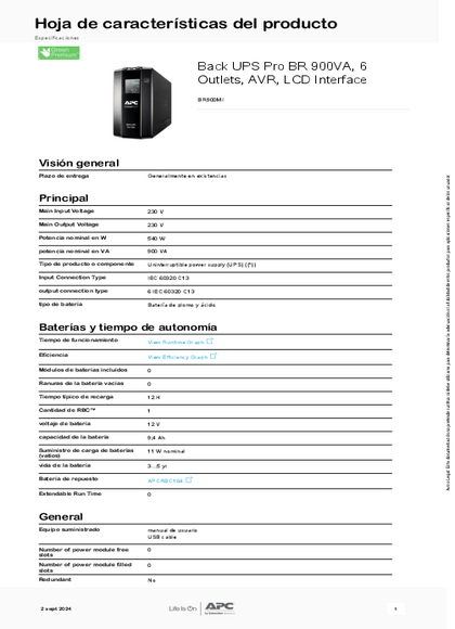 UPS APC Back-UPS Pro BR900G-AR 900VA - PDF