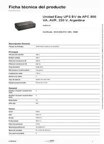 UPS APC Easy-UPS BV800I-AR 800VA - Ficha técnica