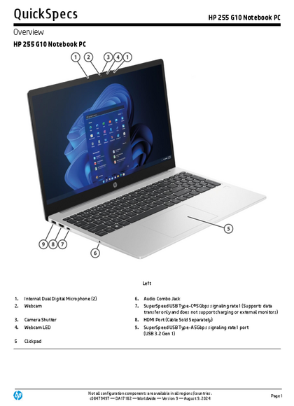 Notebook HP 255 G10 R3-7330U 8GB 512 SSD M.2 W11H - PDF