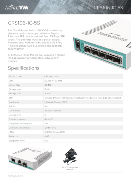 Router Switch Mikrotik CRS106-1C-5S 5P SFP - PDF