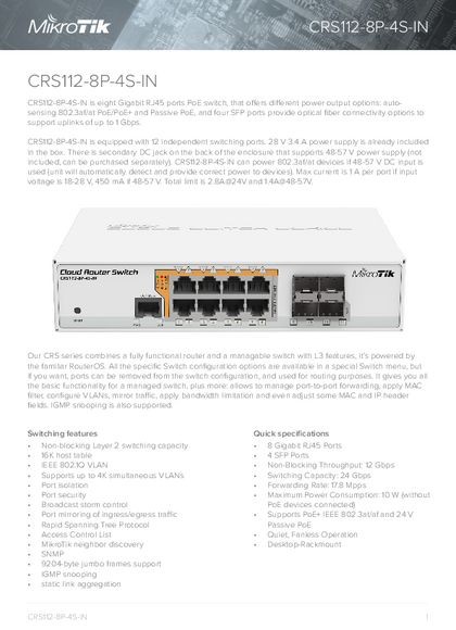 Switch Mikrotik CRS112-8P-4S-IN 8 Puertos GigaBitE PoE Adm. 4 SFP - PDF