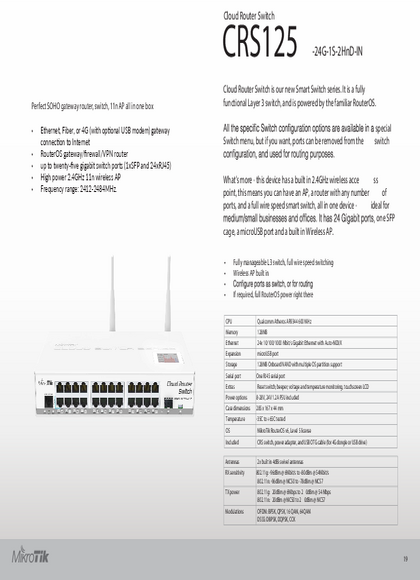 Switch Mikrotik CRS125-24G-1S-2HnD-IN - Ficha técnica