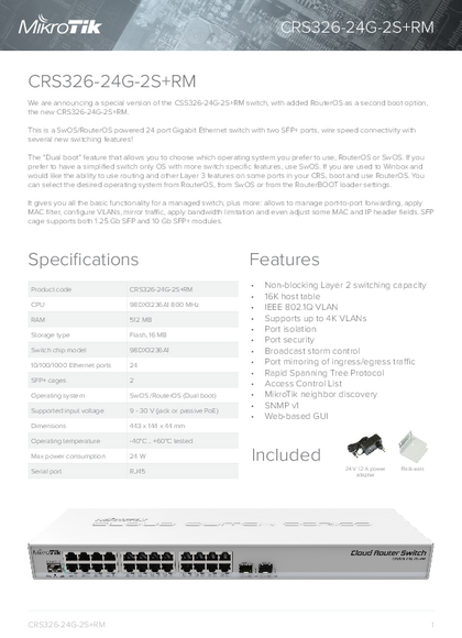 Switch Mikrotik CRS326-24G-2S+RM 24 Puertos Adm. GigaBit 2 SFP+ - Ficha técnica