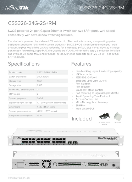 Switch Mikrotik CSS326-24G-2S+RM 24 Puertos Adm. GigaBitE 2 SFP+ - PDF