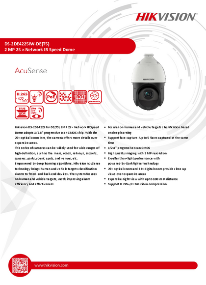 Cámara IP Hikvision Domo PTZ 2MP DS-2DE4225IW-DE AcuSense - PDF