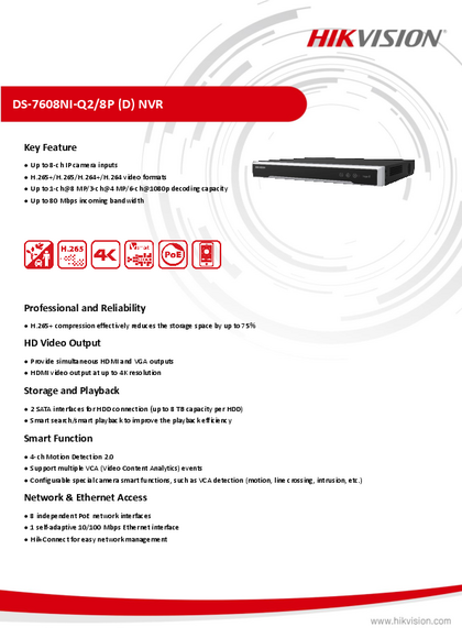 NVR Hikvision 8ch PoE DS-7608NI-Q2/8P - PDF