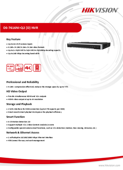 NVR Hikvision 16ch - DS-7616NI-Q2 - PDF