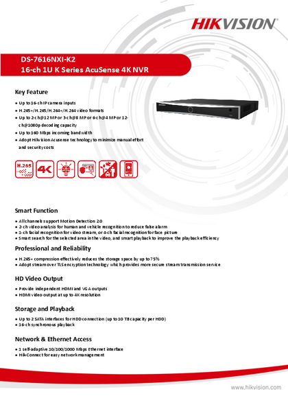 NVR Hikvision 16ch DS-7616NXI-K2 - PDF