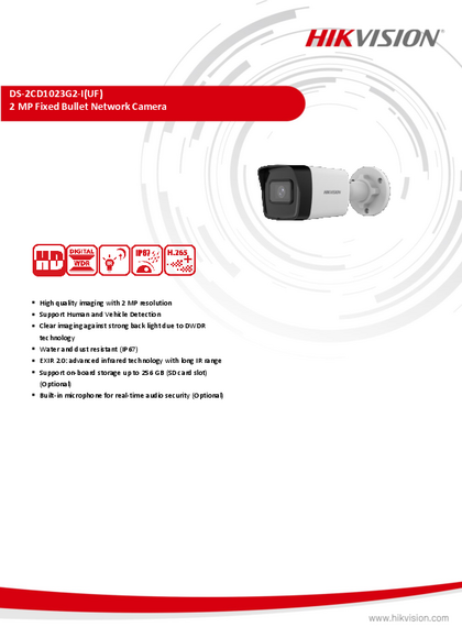 Cámara IP Hikvision Bullet 2MP DS-2CD1023G2-IUF - PDF