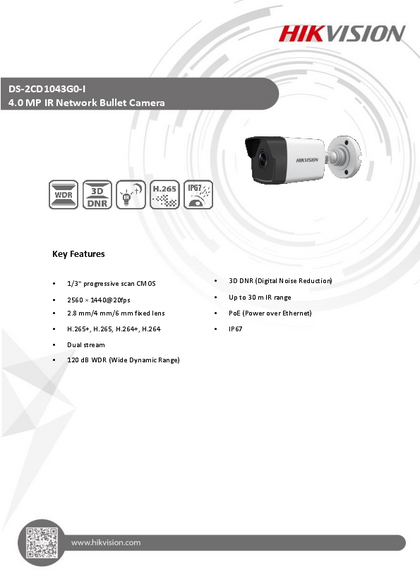 Cámara IP Hikvision Bullet 4MP ‑ DS-2CD1043G2-I - PDF