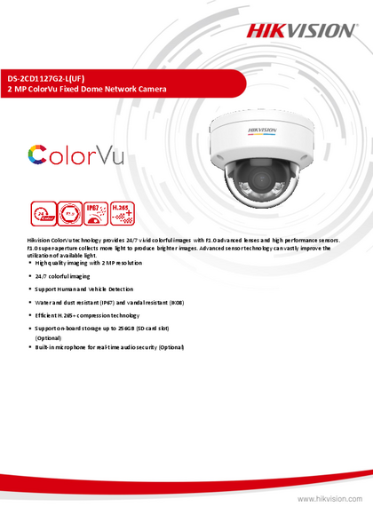 Cámara IP Hikvision Domo 2MP DS-2CD1127G2-L ColorVu - PDF