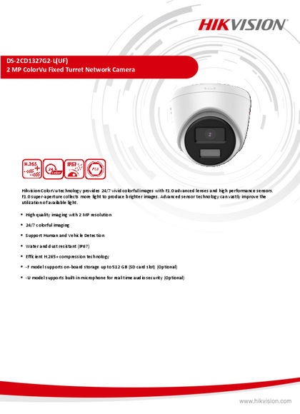 Cámara IP Hikvision Turret 2MP DS-2CD1327G2-L ColorVu - PDF