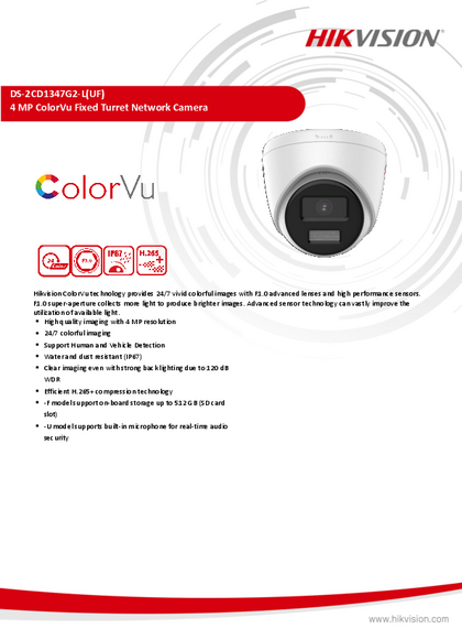 Cámara IP Hikvision Turret 4MP DS-2CD1347G2-L ColorVu - PDF