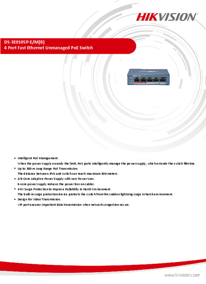 Switch Hikvision 5P 4 PoE+ (30W) 10/100 DS-3E0105P-E/M - PDF