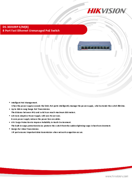 Switch Hikvision 9P 8 PoE+ (30W) 10/100 DS-3E0109P-E/M - PDF