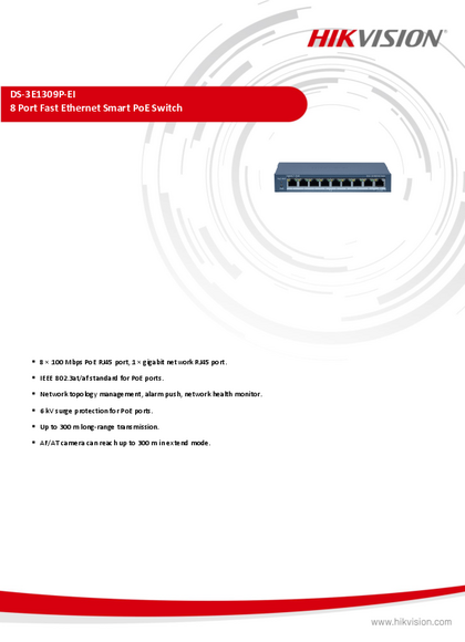 Switch Hikvision 9P 8 POE (120W) 10/100 DS-3E1309P-EI - PDF