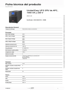 UPS APC Easy-UPS SRV SRV1KI-AR 1000VA - Ficha técnica