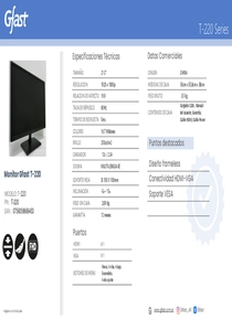 Monitor GFast LFHD 22" 1920x1080p 60Hz HDMI - T-220 - PDF