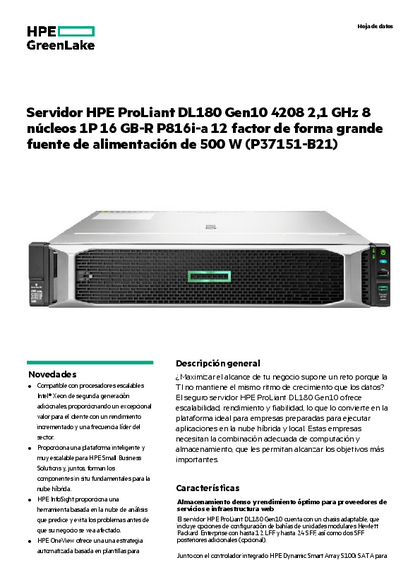 Servidor HPE DL180 Gen 10 4208 16GB 12LFF 2U 500W - PDF