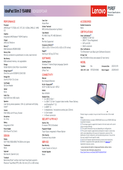 Notebook Lenovo IdeaPad Slim 3 Ryzen 5 7520U 8gb 512ssd W11H - PDF